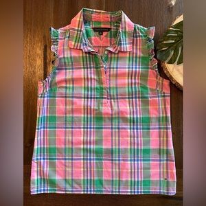 Tommy Hilfiger pink plaid 100% cotton tank with ruffle sleeve Barbie ins…